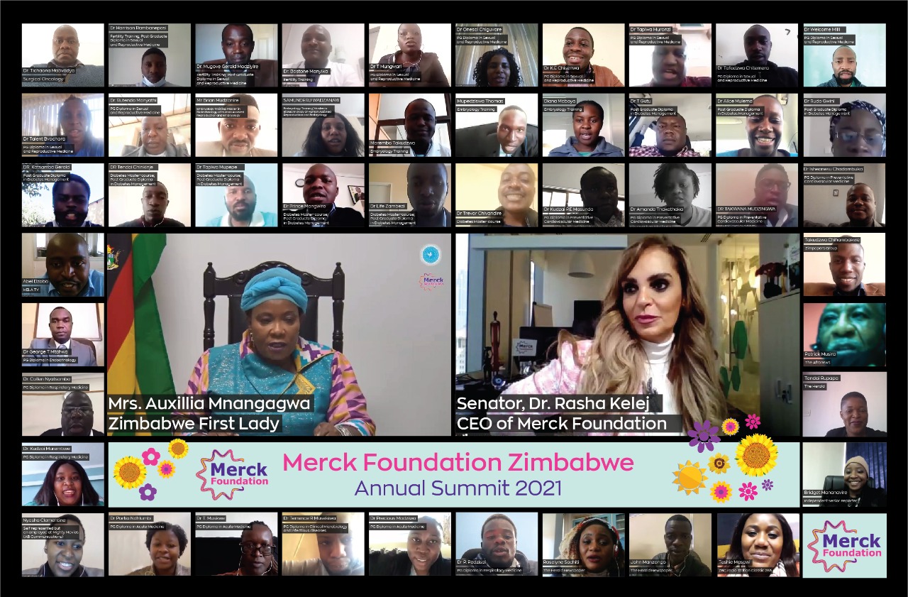 H.E. Mrs. AUXILLIA MNANGAGWA, The First Lady of Zimbabwe & Ambassador of Merck Foundation More Than a Mother, Senator, Dr. Rasha Kelej, CEO of Merck Foundation and President of Merck Foundation More Than a Mother along with Merck Foundation Alumni during 