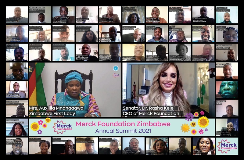 H.E. Mrs. AUXILLIA MNANGAGWA, The First Lady of Zimbabwe & Ambassador of Merck Foundation More Than a Mother, Senator, Dr. Rasha Kelej, CEO of Merck Foundation and President of Merck Foundation More Than a Mother along with Merck Foundation Alumni during 