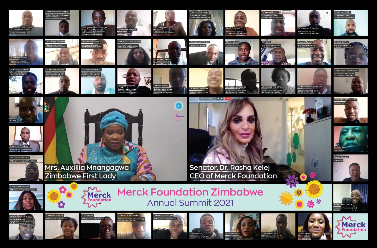 H.E. Mrs. AUXILLIA MNANGAGWA, The First Lady of Zimbabwe & Ambassador of Merck Foundation More Than a Mother, Senator, Dr. Rasha Kelej, CEO of Merck Foundation and President of Merck Foundation More Than a Mother along with Merck Foundation Alumni during 