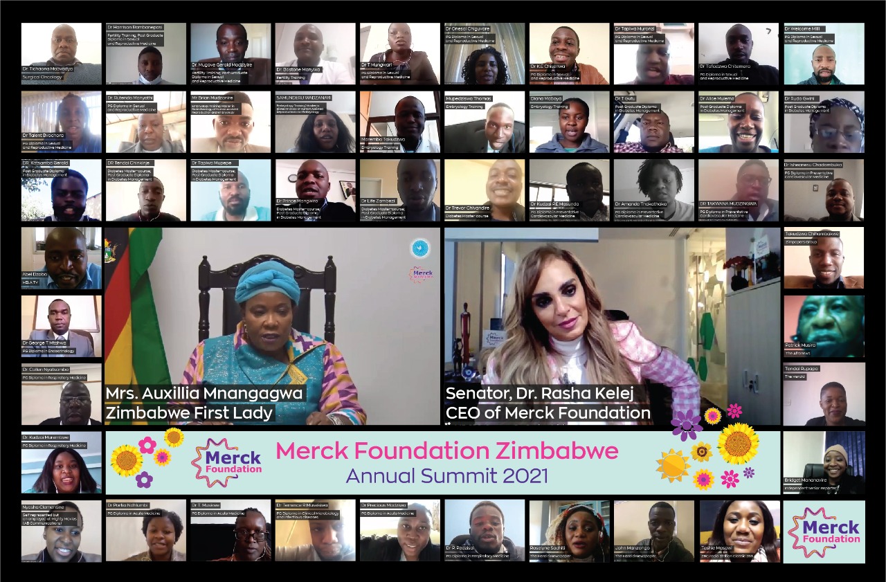 H.E. Mrs. AUXILLIA MNANGAGWA, The First Lady of Zimbabwe & Ambassador of Merck Foundation More Than a Mother, Senator, Dr. Rasha Kelej, CEO of Merck Foundation and President of Merck Foundation More Than a Mother along with Merck Foundation Alumni during 