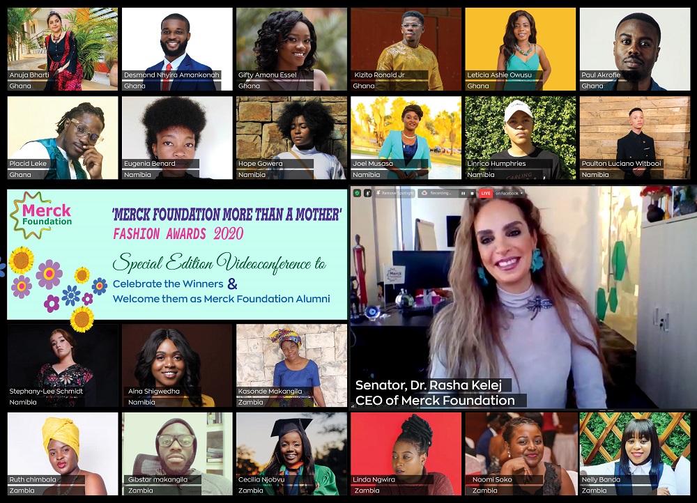 Senator, Dr. Rasha Kelej, CEO of Merck Foundation with Merck Foundation More Than a Mother Fashion Awards Winners from Ghana, Namibi and Zambia during a videoconference.