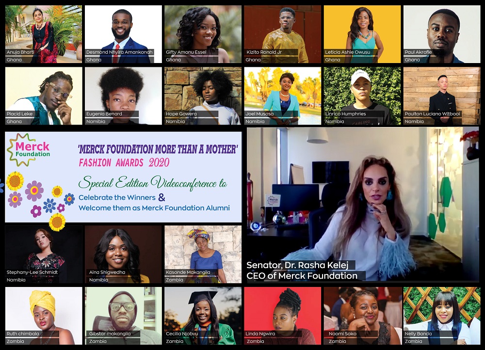 Senator, Dr. Rasha Kelej, CEO of Merck Foundation with Merck Foundation More Than a Mother Fashion Awards Winners from Ghana, Namibi and Zambia during a videoconference.