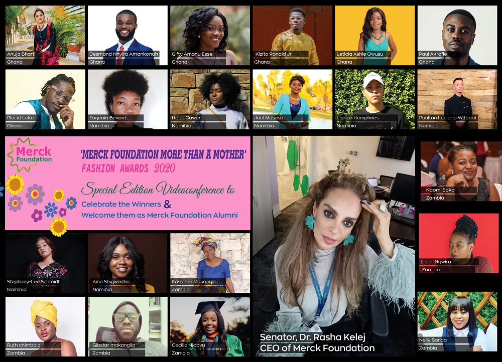 Senator, Dr. Rasha Kelej, CEO of Merck Foundation with Merck Foundation More Than a Mother Fashion Awards Winners from Ghana, Namibi and Zambia during a videoconference.