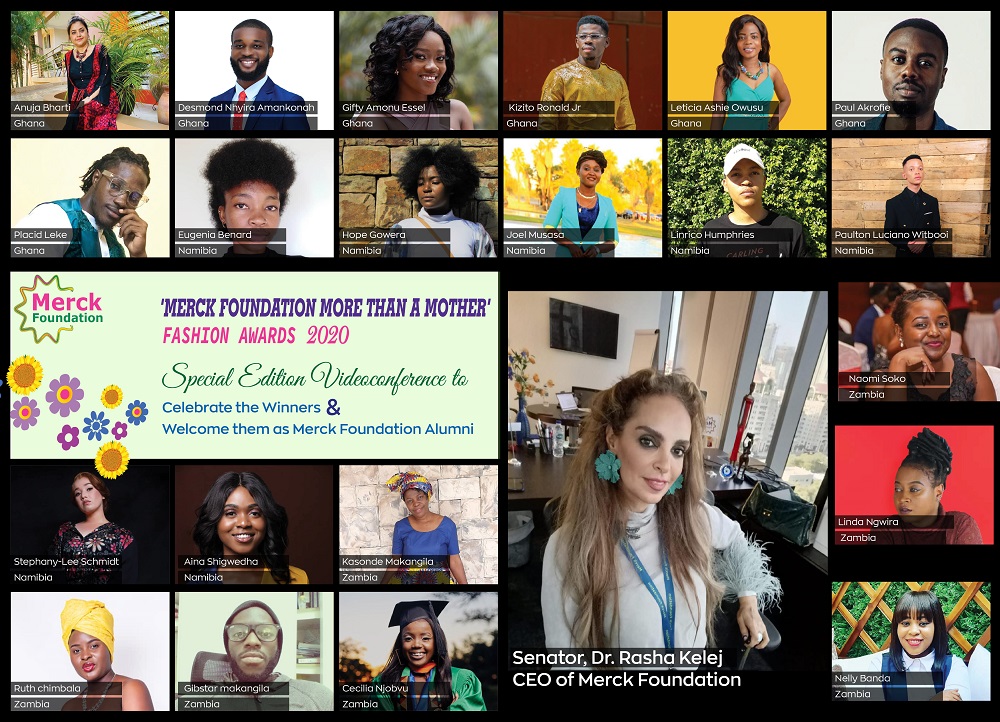 Senator, Dr. Rasha Kelej, CEO of Merck Foundation with Merck Foundation More Than a Mother Fashion Awards Winners from Ghana, Namibi and Zambia during a videoconference.