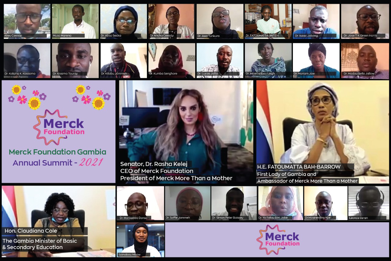 Senator, Dr. Rasha Kelej, Merck Foundation CEO and The Gambia First Lady, H.E. Mrs. FATOUMATTA BAH-BARROW along Merck Foundation Alumni from Gambia at the Merck Foundation Gambia Annual Summit 2021