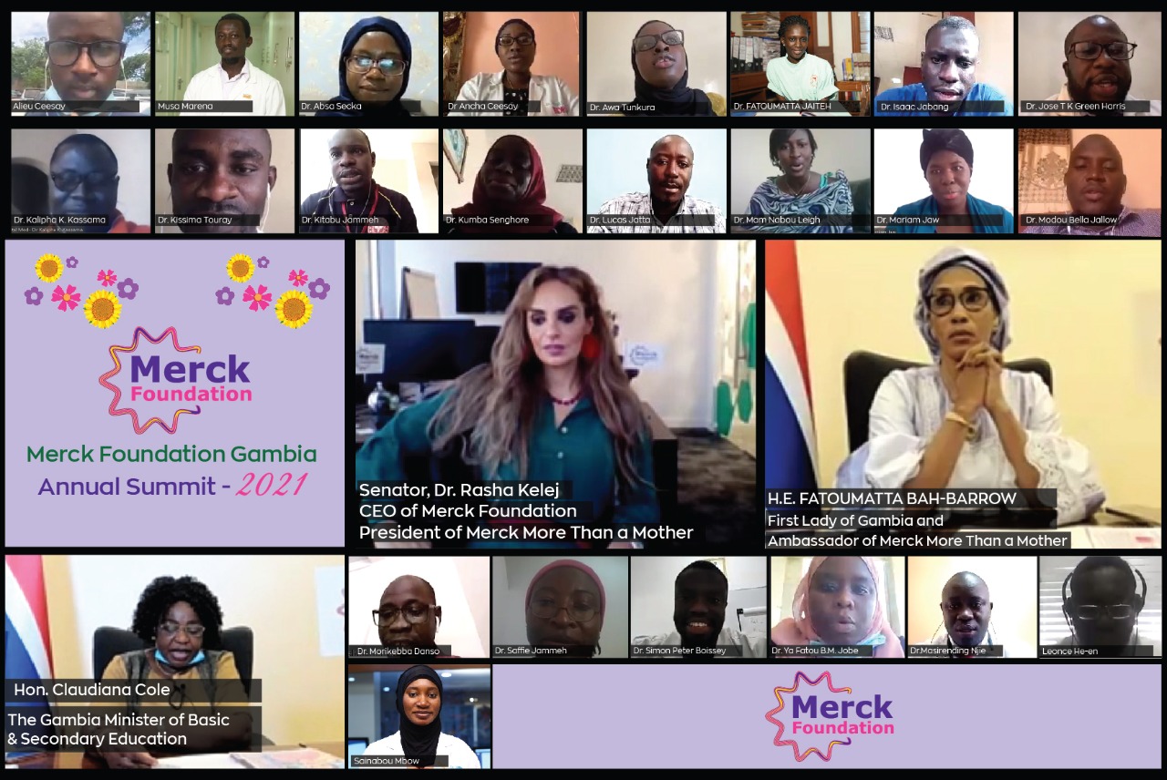 Senator, Dr. Rasha Kelej, Merck Foundation CEO and The Gambia First Lady, H.E. Mrs. FATOUMATTA BAH-BARROW along Merck Foundation Alumni from Gambia at the Merck Foundation Gambia Annual Summit 2021