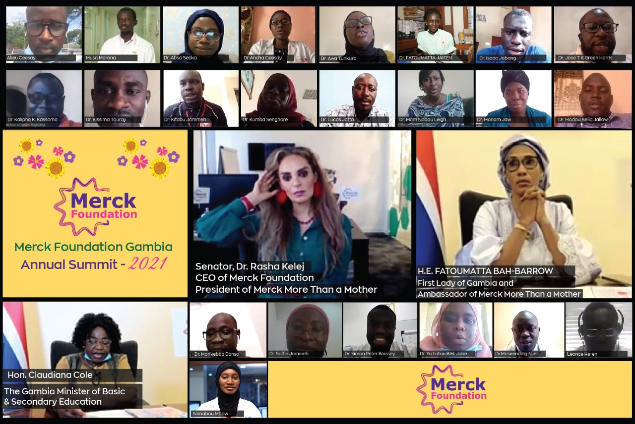 Senator, Dr. Rasha Kelej, Merck Foundation CEO and The Gambia First Lady, H.E. Mrs. FATOUMATTA BAH-BARROW along Merck Foundation Alumni from Gambia at the Merck Foundation Gambia Annual Summit 2021