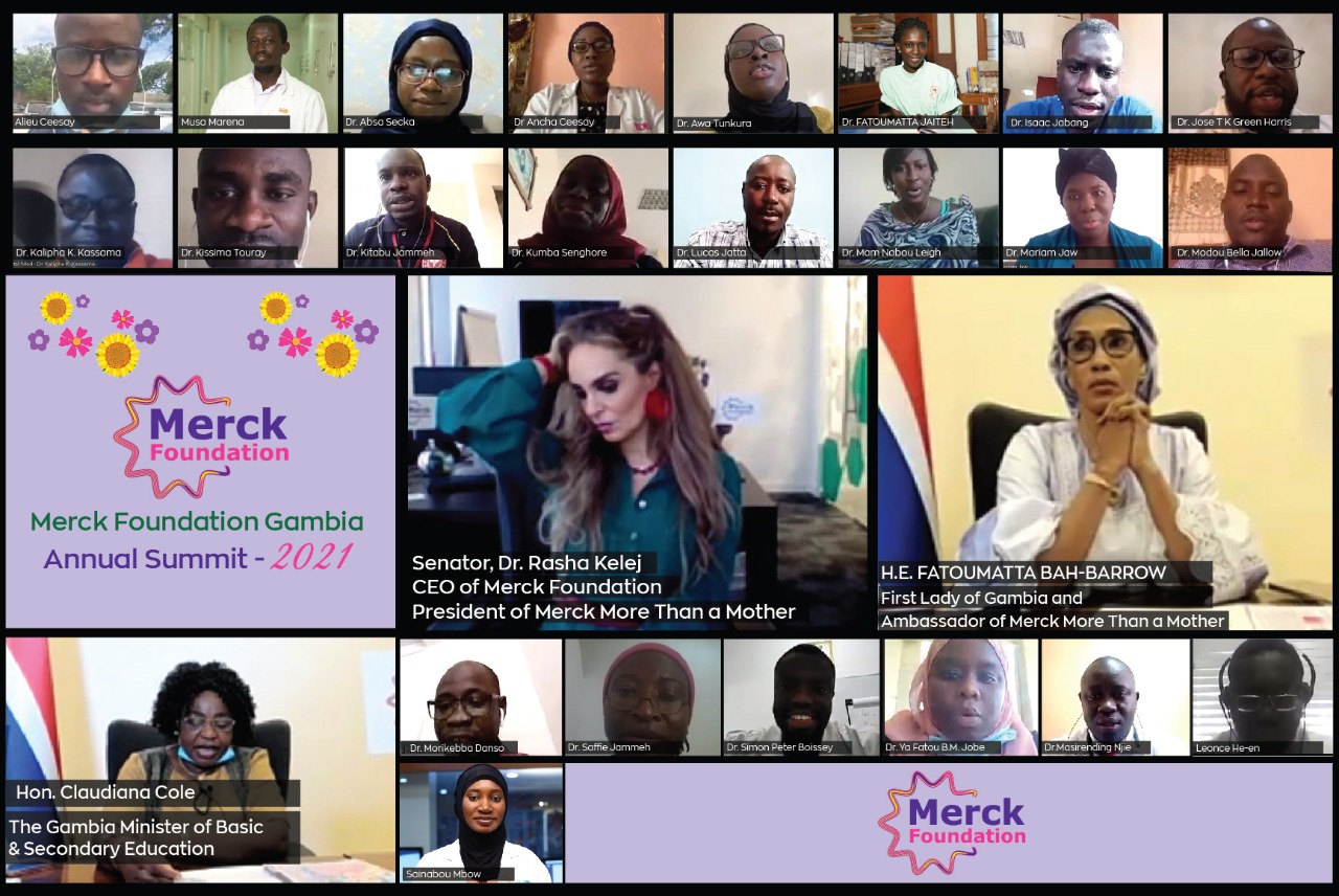 Senator, Dr. Rasha Kelej, Merck Foundation CEO and The Gambia First Lady, H.E. Mrs. FATOUMATTA BAH-BARROW along Merck Foundation Alumni from Gambia at the Merck Foundation Gambia Annual Summit 2021