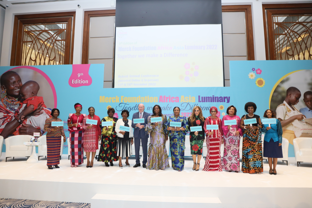 Senator, Dr. Rasha Kelej and Prof. Dr. Frank Stangenberg-Haverkamp with African First Ladies during the 9th Edition of Merck Foundation Africa Asia Luminary (Main 3)
