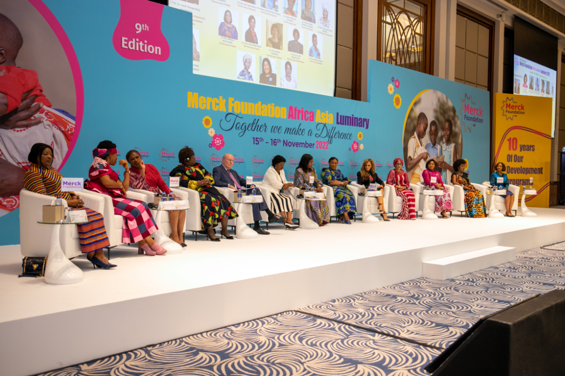Senator, Dr. Rasha Kelej and Prof. Dr. Frank Stangenberg-Haverkamp with African First Ladies during the 9th Edition of Merck Foundation Africa Asia Luminary