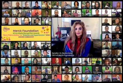 Senator, Dr. Rasha Kelej, CEO of Merck Foundation during the Merck Foundation Media Awards 2022 Ceremony with the 84 Winners from 21 African Countries