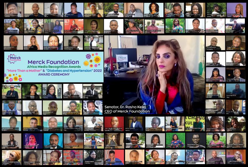 Senator, Dr. Rasha Kelej, CEO of Merck Foundation during the Merck Foundation Media Awards 2022 Ceremony with the 84 Winners from 21 African Countries