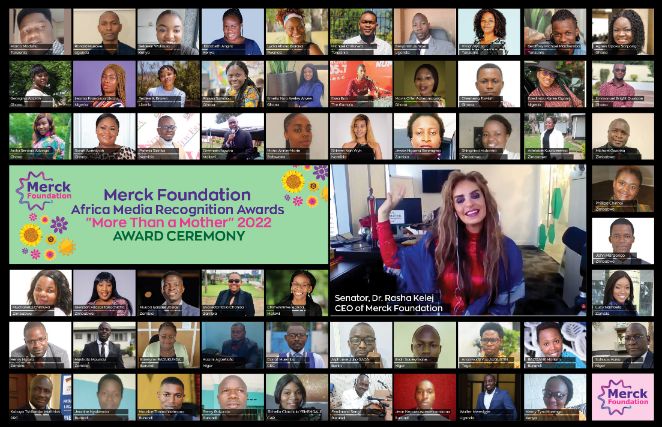 Senator, Dr. Rasha Kelej, CEO of Merck Foundation during the Merck Foundation Media Awards 2022 Ceremony with the 84 Winners from 21 African Countries