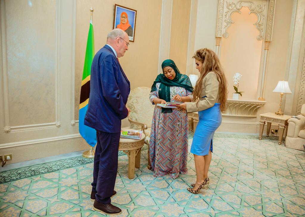 Prof. Dr. Frank Stangenberg Haverkamp, Chairman of Merck Foundation BOT and Senator, Dr. Rasha Kelej, CEO of Merck Foundation in a meeting with H.E. Dr. SAMIA SULUHU HASSAN, President of the United Republic of Tanzania.