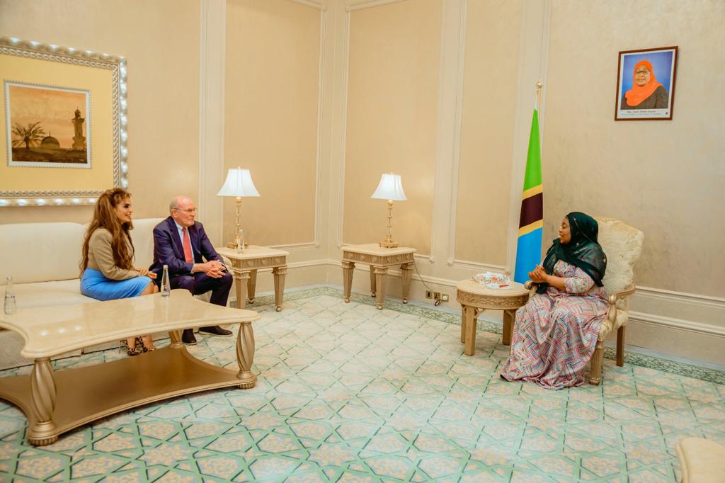 Prof. Dr. Frank Stangenberg Haverkamp, Chairman of Merck Foundation BOT and Senator, Dr. Rasha Kelej, CEO of Merck Foundation in a meeting with H.E. Dr. SAMIA SULUHU HASSAN, President of the United Republic of Tanzania.