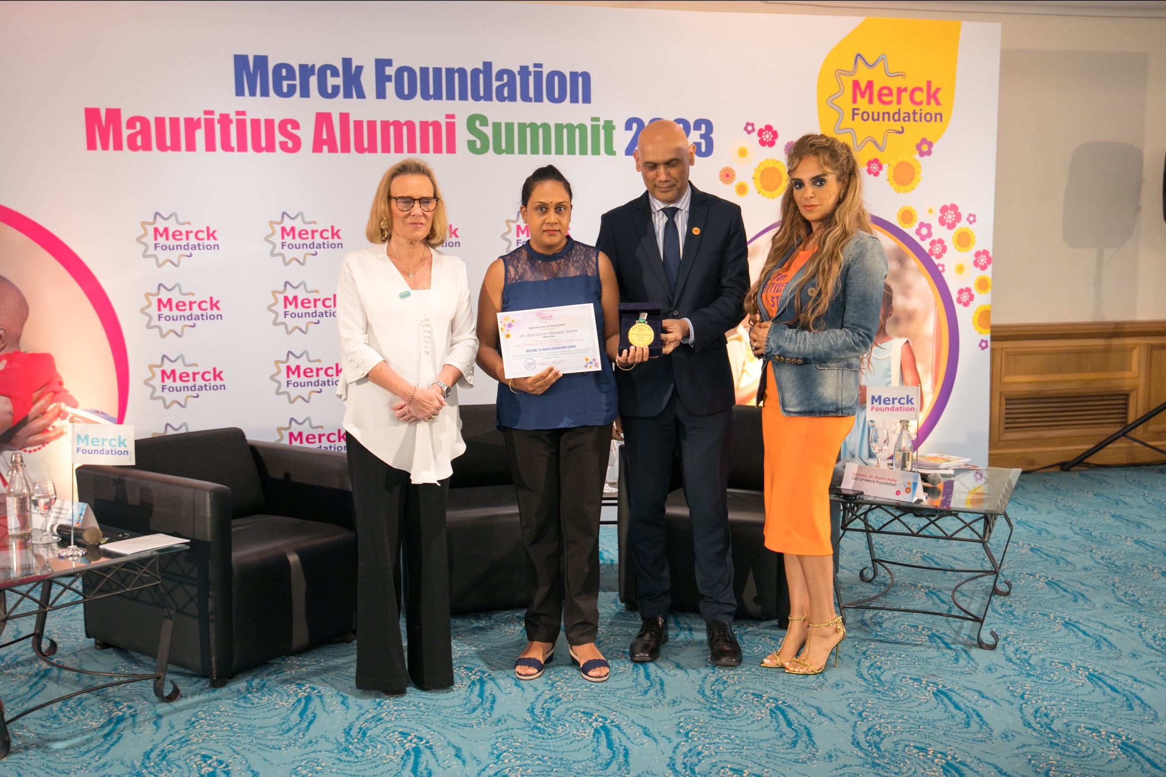 Senator, Dr Rasha Kelej, CEO of Merck Foundation & Dr. Belén Garijo, Chair of the Executive Board & CEO of Merck and Member of Merck Foundation Board of Trustees with Dr. The Honourable Kailesh Kumar JAGUTPAL, Minister of Health and Wellness of Mauritius 
