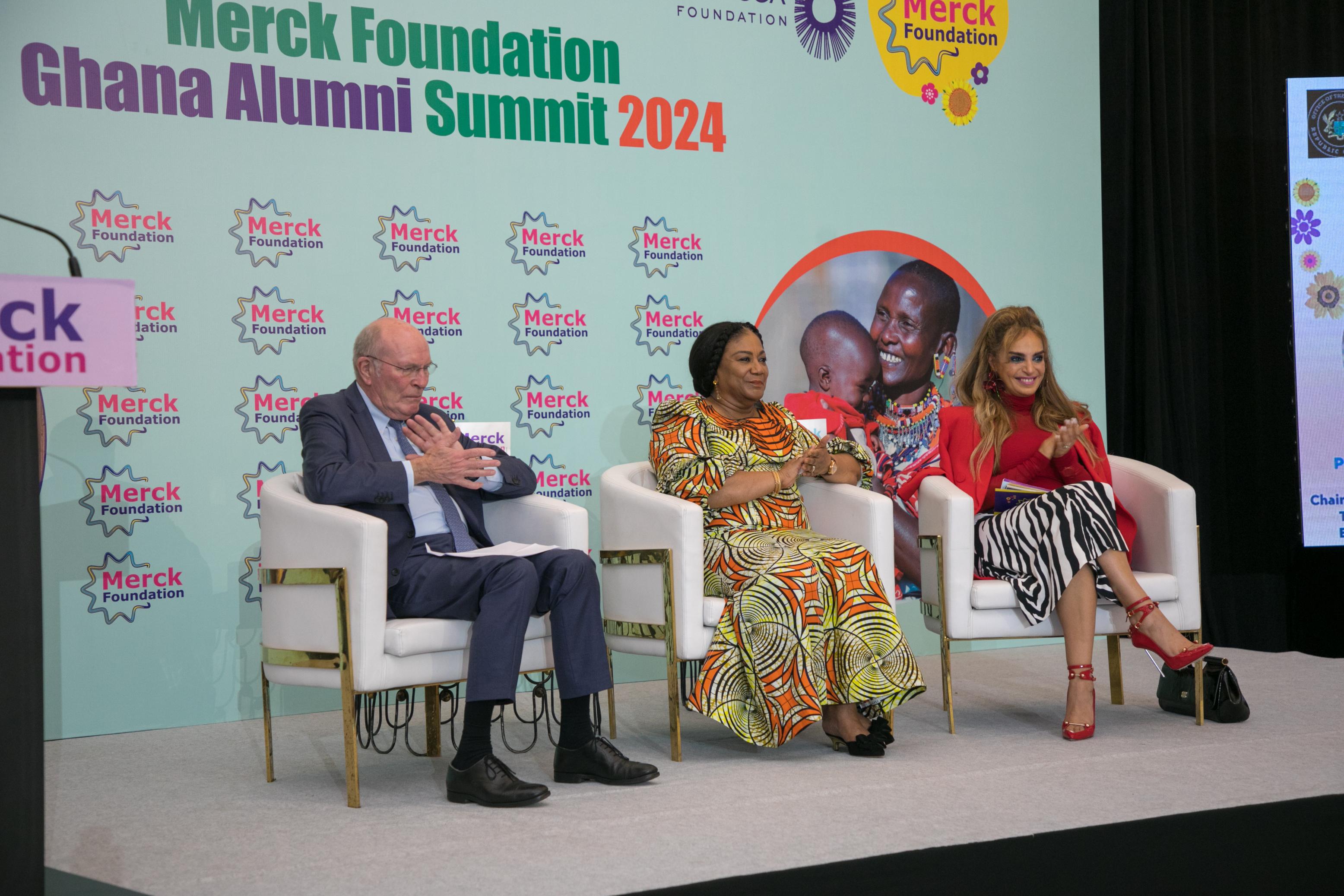 H.E. Mrs. REBECCA AKUFO-ADDO, The First Lady of the Republic of Ghana, Prof. Dr. Frank Stangenberg-Haverkamp and Senator Dr. Rasha Kelej at Merck Foundation Ghana Alumni Summit 2024
