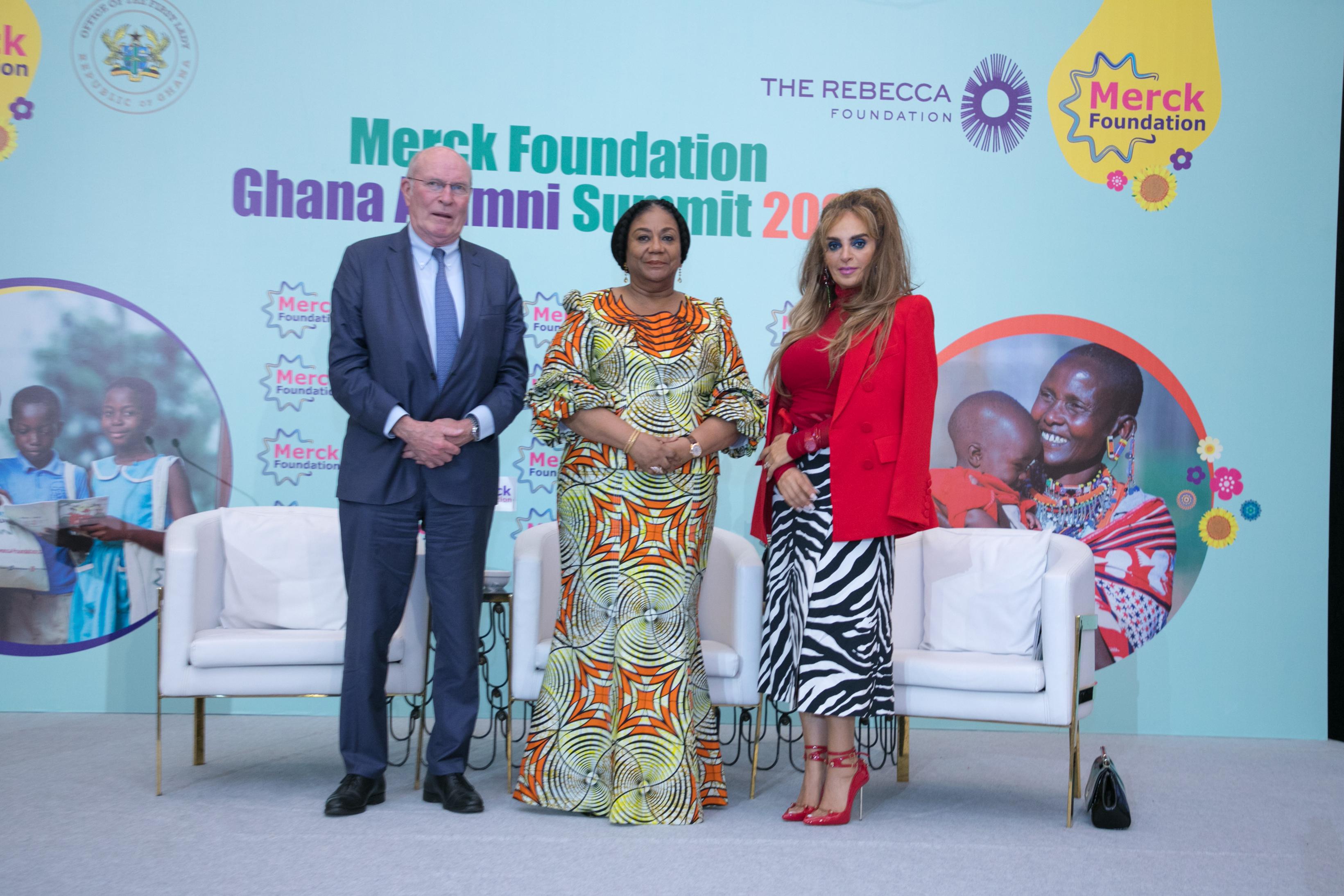 H.E. Mrs. REBECCA AKUFO-ADDO, The First Lady of the Republic of Ghana, Prof. Dr. Frank Stangenberg-Haverkamp and Senator Dr. Rasha Kelej at Merck Foundation Ghana Alumni Summit 2024