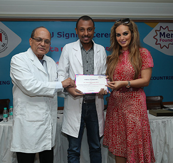Dr Rasha Kelej, CEO of Merck Foundation, Prof. K.S Sharma, Director (Academics), Tata Memorial Centre, Dr Rajendra Achyut Badwe, Director Tata Memorial Centre, Dr A.K. D'Cruz, Director-Tata Memorial Hospital during MoU signing with Tata Memorial Centre to