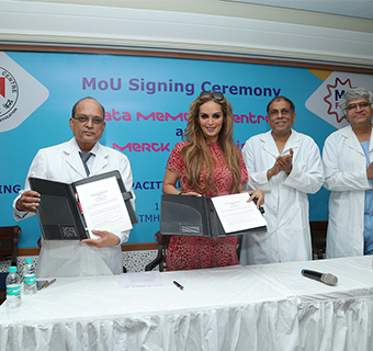 Dr Rasha Kelej, CEO of Merck Foundation, Prof. K.S Sharma, Director (Academics), Tata Memorial Centre, Dr Rajendra Achyut Badwe, Director Tata Memorial Centre, Dr A.K. D'Cruz, Director-Tata Memorial Hospital during MoU signing with Tata Memorial Centre to