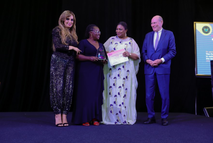 Dr. Rasha Kelej, Prof. Frank Stangenberg-Haverkamp and H.E. MADAM REBECCA AKUFO-ADDO, The First Lady of Ghana presenting the MMTM Ghana Film awards ? First prize to Team HER.SHE.WOMAN
