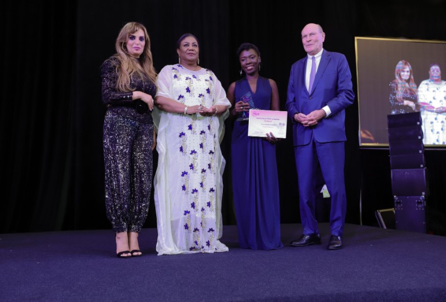 Dr. Rasha Kelej, Prof. Frank Stangenberg-Haverkamp and H.E. MADAM REBECCA AKUFO-ADDO, The First Lady of Ghana presenting the MMTM Ghana Film awards ? Second prize to Team Exhale Nafti