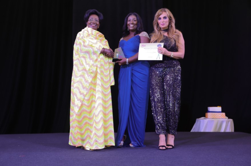 Dr. Rasha Kelej, CEO of Merck Foundation and H.E. BRIGITTE TOUADERA, The First Lady of Central African Republic presenting the MMTM Ghana Media Recognition ? Multimedia Award ? Joint Second Prize to Esi Benewaa Otoo