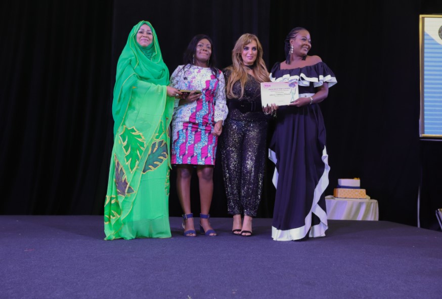 Dr. Rasha Kelej, CEO of Merck Foundation and H.E. HINDA D?BY ITNO, First Lady of Chad presenting the MMTM Ghana Media Recognition ? Multimedia Award ? Joint First Prize to Adwoa Adobea-Owusu